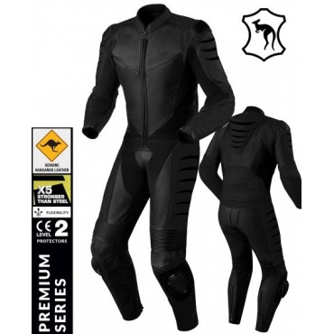 KANGAROO PREMIUM FX BLACK ONE-PIECE MOTORCYKEL LEATHER SUIT