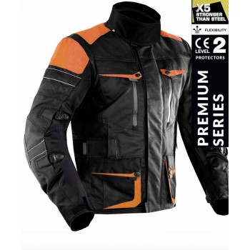 PREMIUM DYNATECH ORANGE FLOUR BLACK MOTORCYCLE TEXTILE ALL-WEATHER JACKET