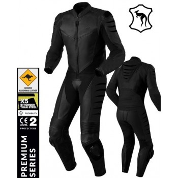 KANGAROO PREMIUM FX BLACK ONE-PIECE MOTORCYKEL LEATHER SUIT